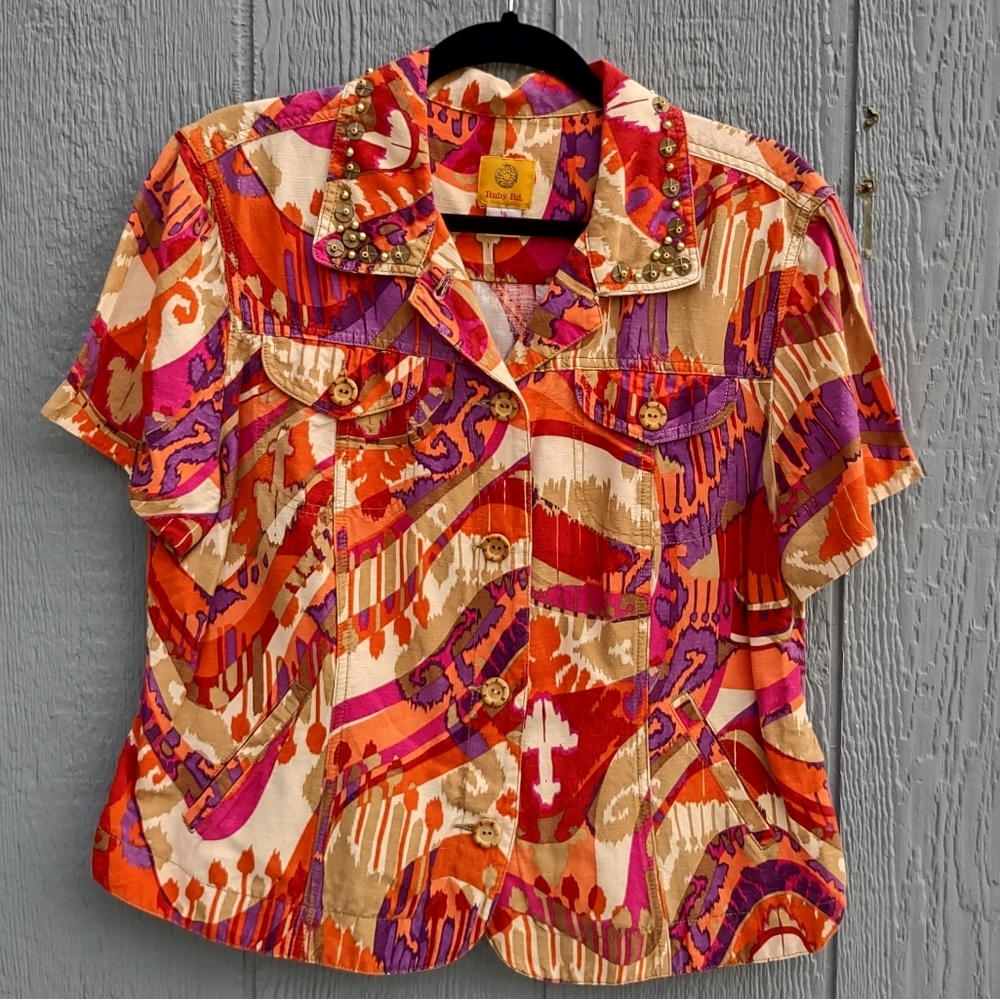 Ruby Rd.‎ Abstract Linen Blend Shirt Size 16 Red & Tan